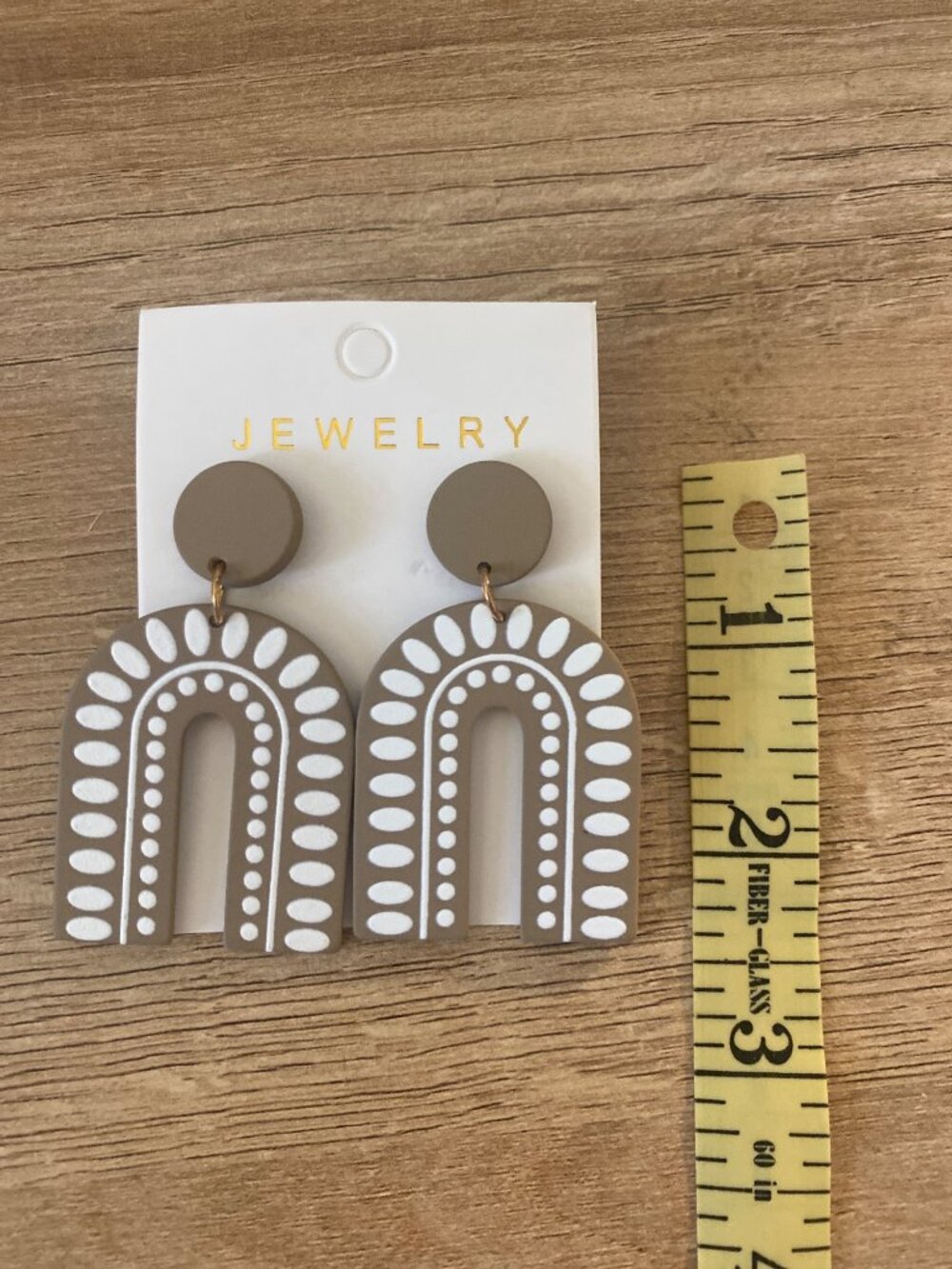 Boho-Inspired Polymer Arch Drop Earrings Beige With White Dot Pattern 2.5" - Picture 4 of 4